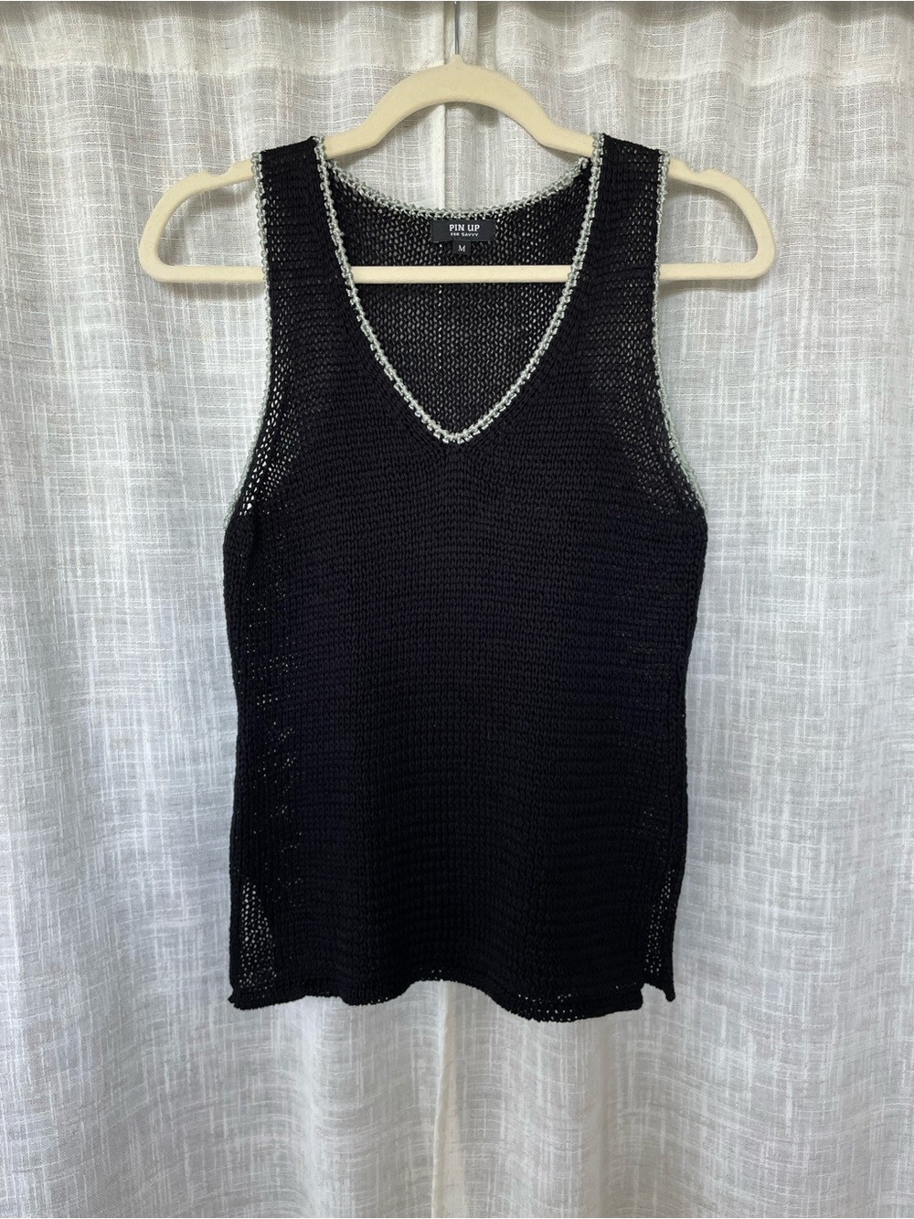 Vintage Pin Up for Savvy Woven Knit V-neck Tank Top Black Metallic Silver
